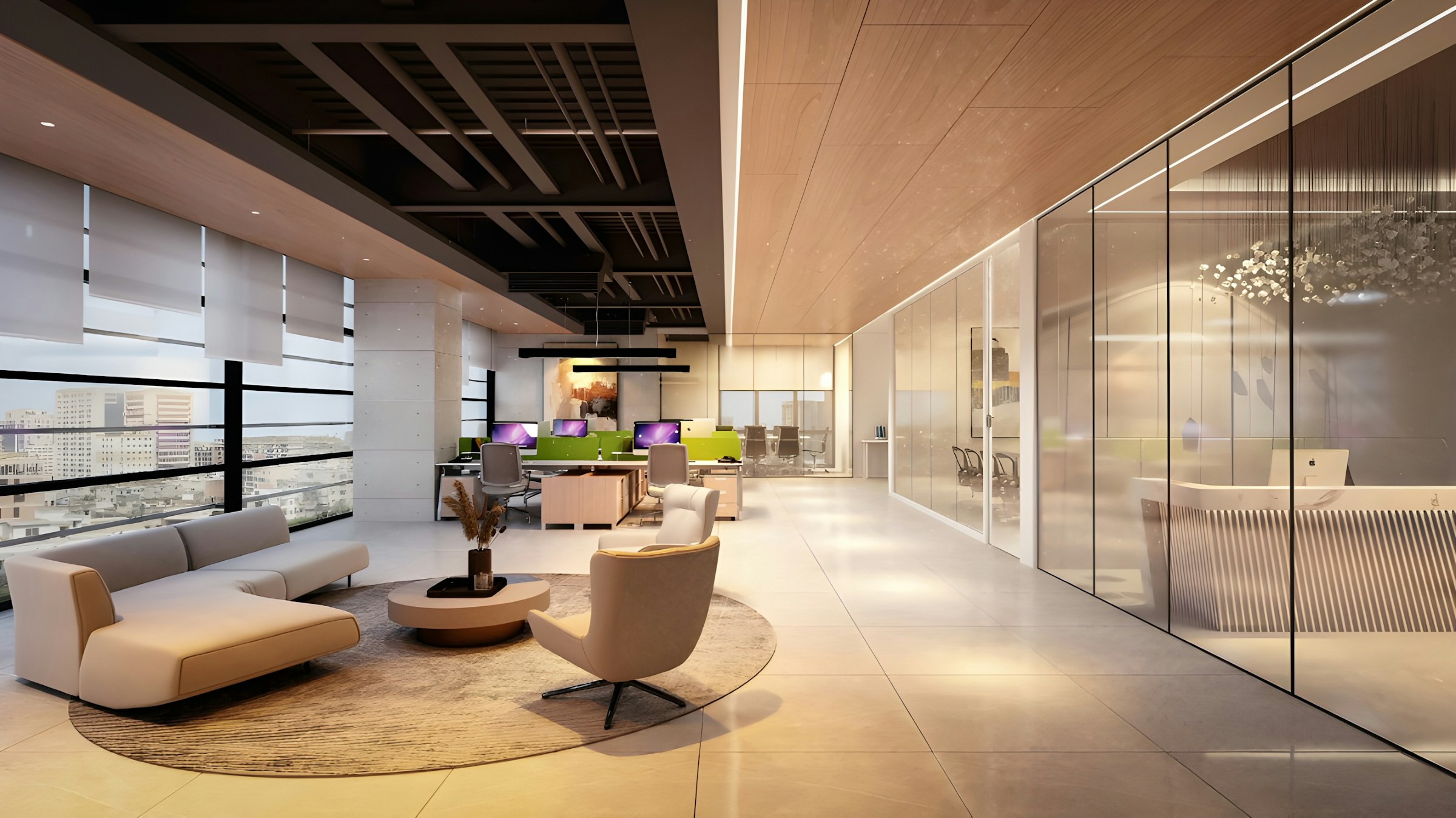 Premium modern commercial interior with glass partitions and architectural finishes