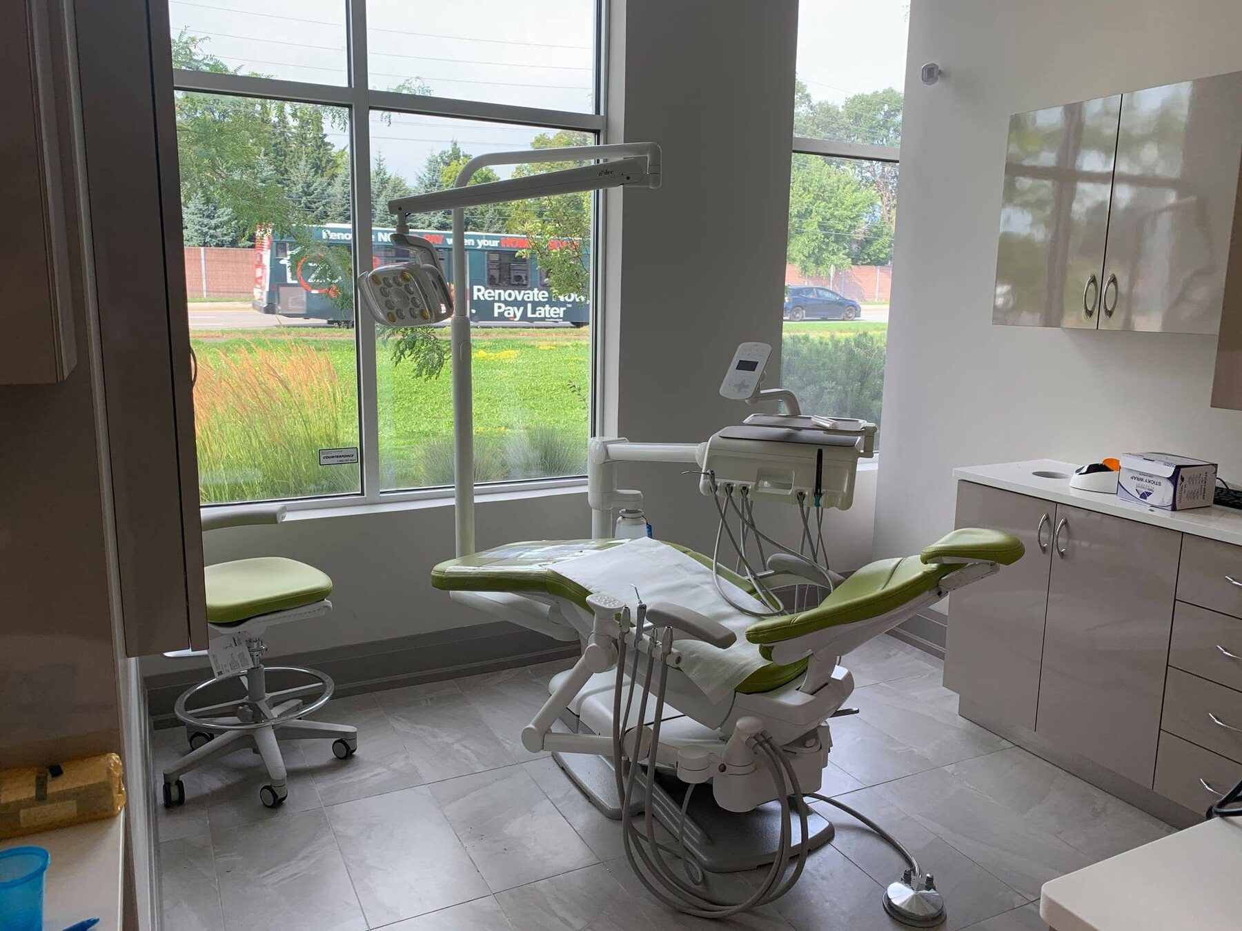 Dental operatory with natural light and clinical cabinetry